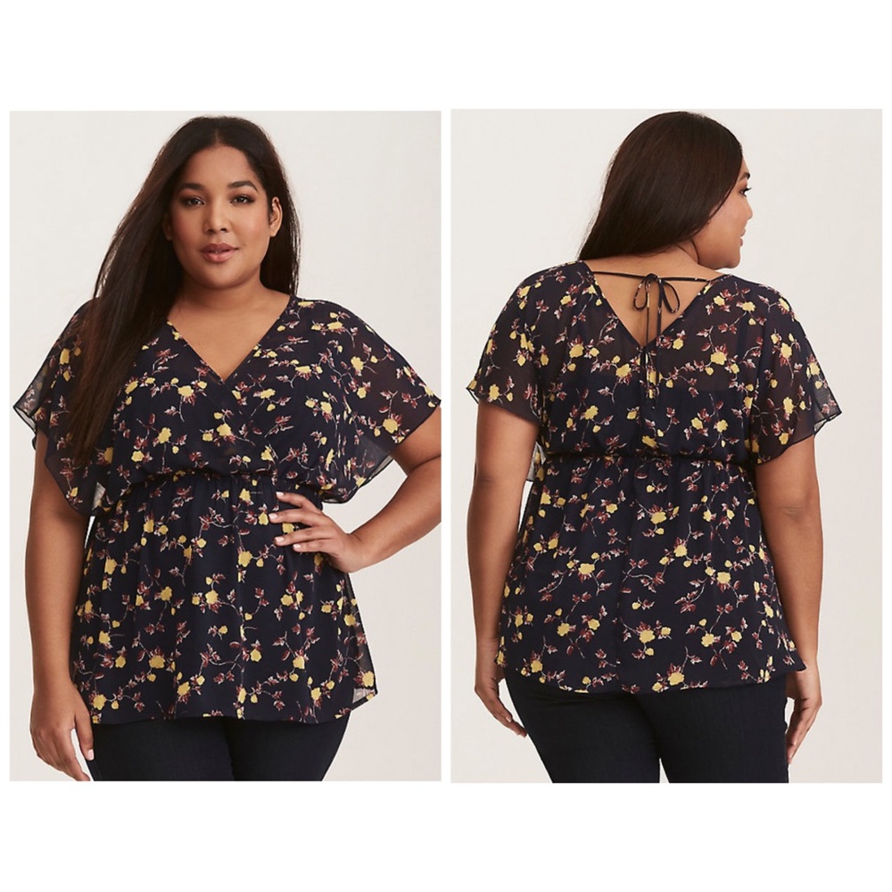 Torrid Navy Floral Chiffon Floral Babydoll Top